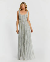 Green Scoop Neck A-Line Gown With Striped Beading